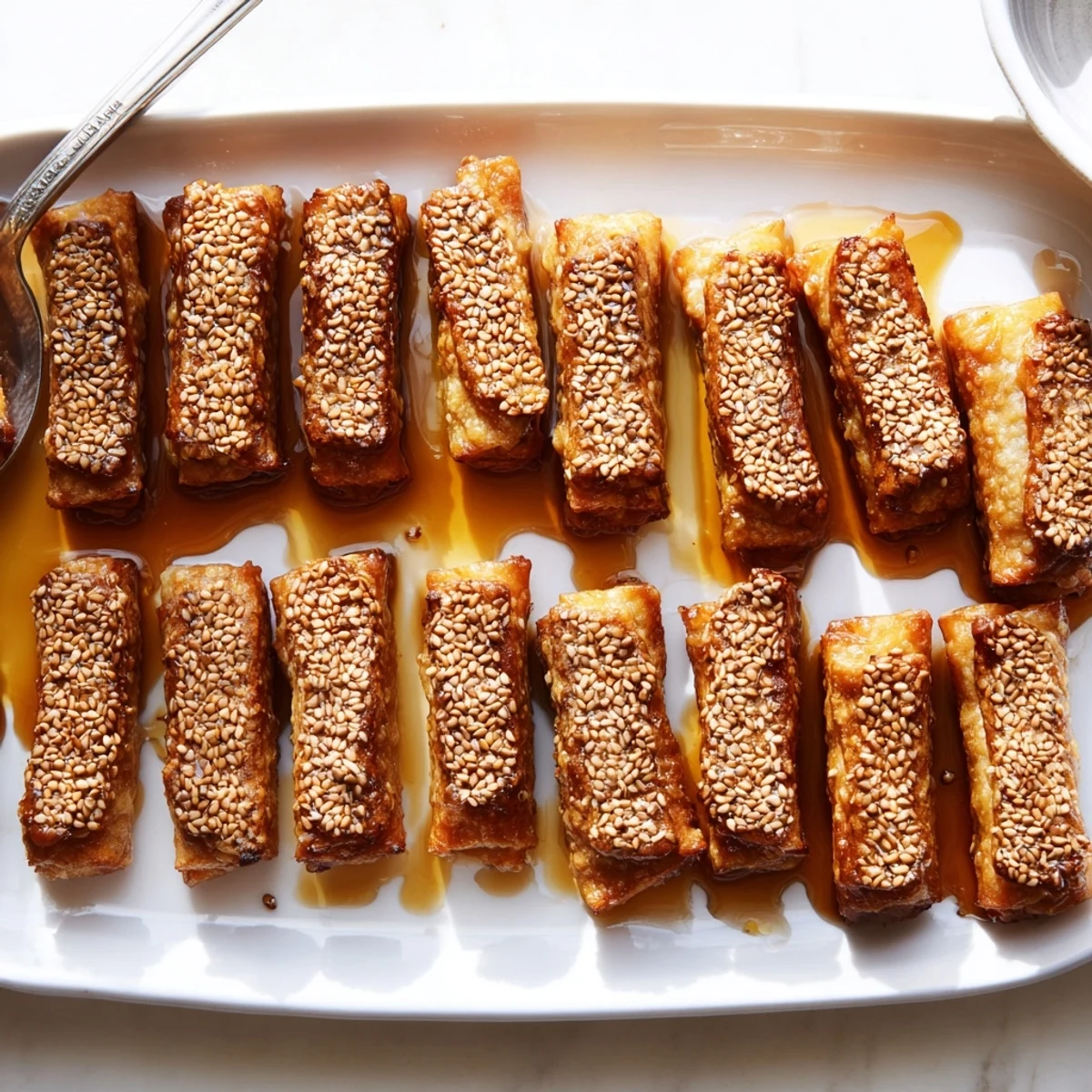 Moroccan honey almond cigars drizzled with citrus-infused syrup and sprinkled with sesame seeds on a white plate