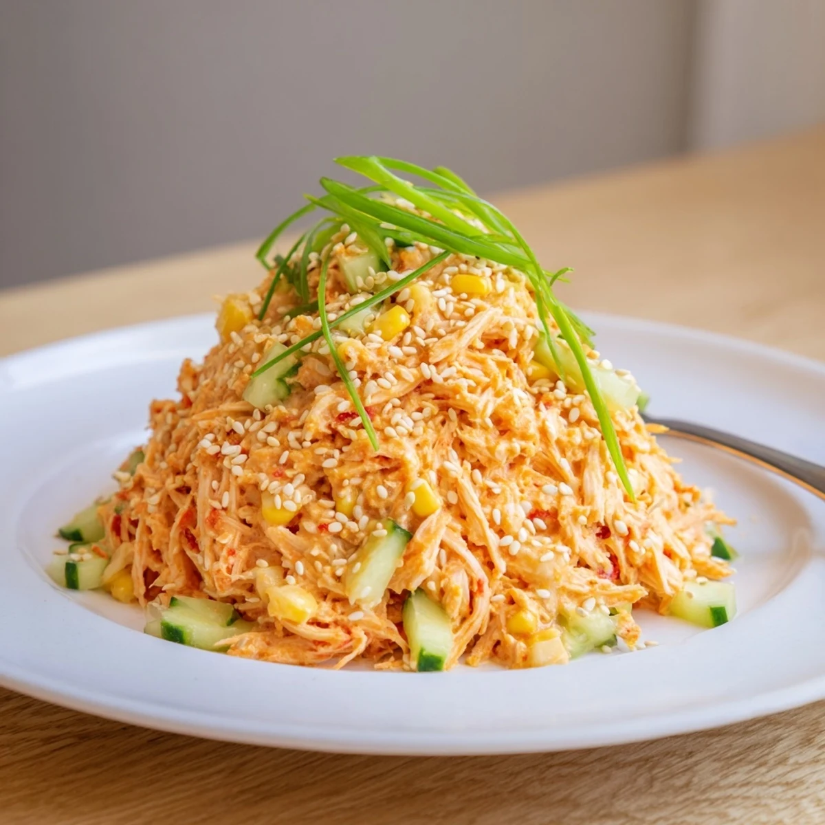 Colorful spicy kani salad bowl with shredded imitation crab, crisp cucumber julienne, and creamy sriracha mayo dressing topped with sesame seeds