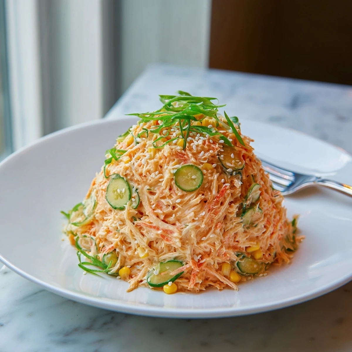 Close-up of spicy kani salad showing shredded crab, cucumber strips, and green onions coated in spicy mayonnaise with sesame seed garnish