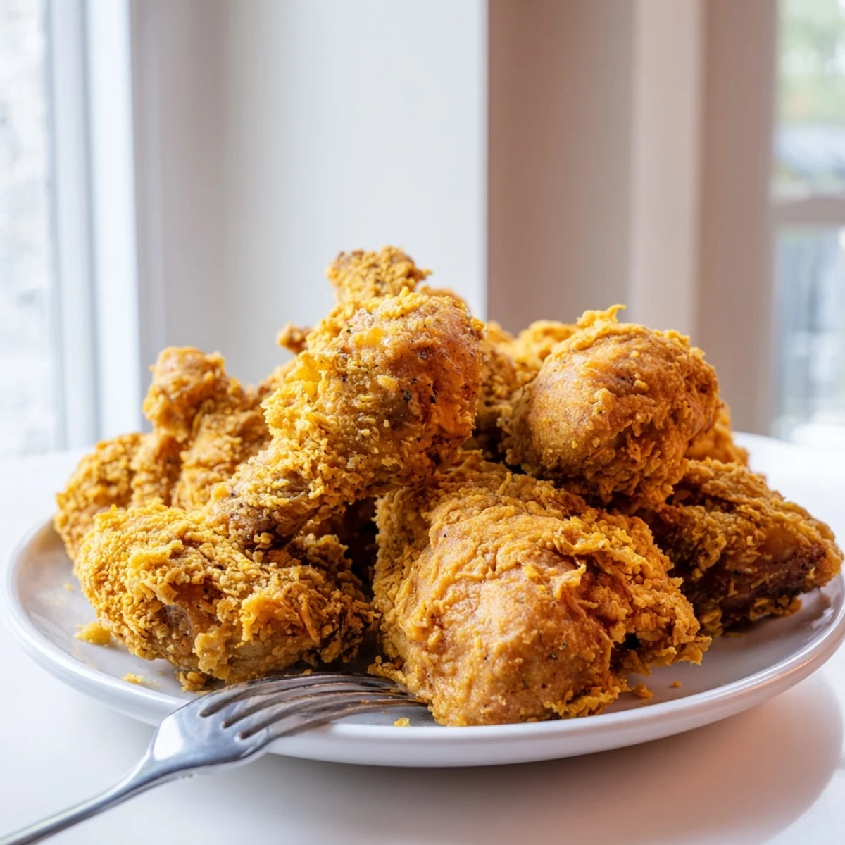 Golden brown crispy spicy jalapeño chicken breasts served on a white platter with fresh garnish