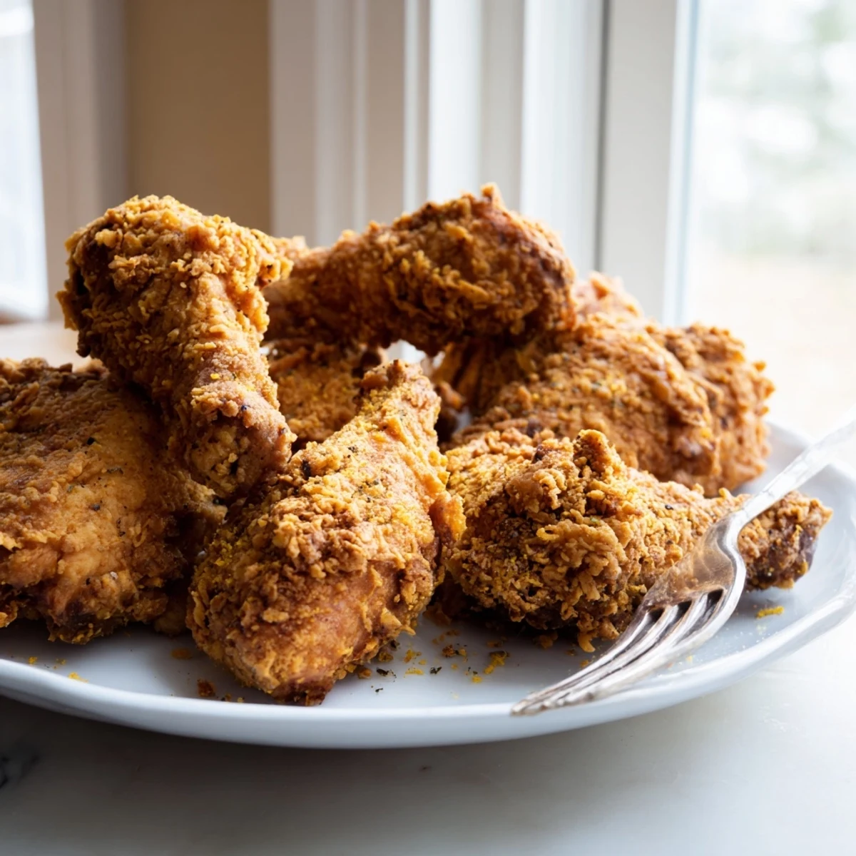 Fried chicken pieces featuring crunchy jalapeño crust on wire rack after deep frying to perfection