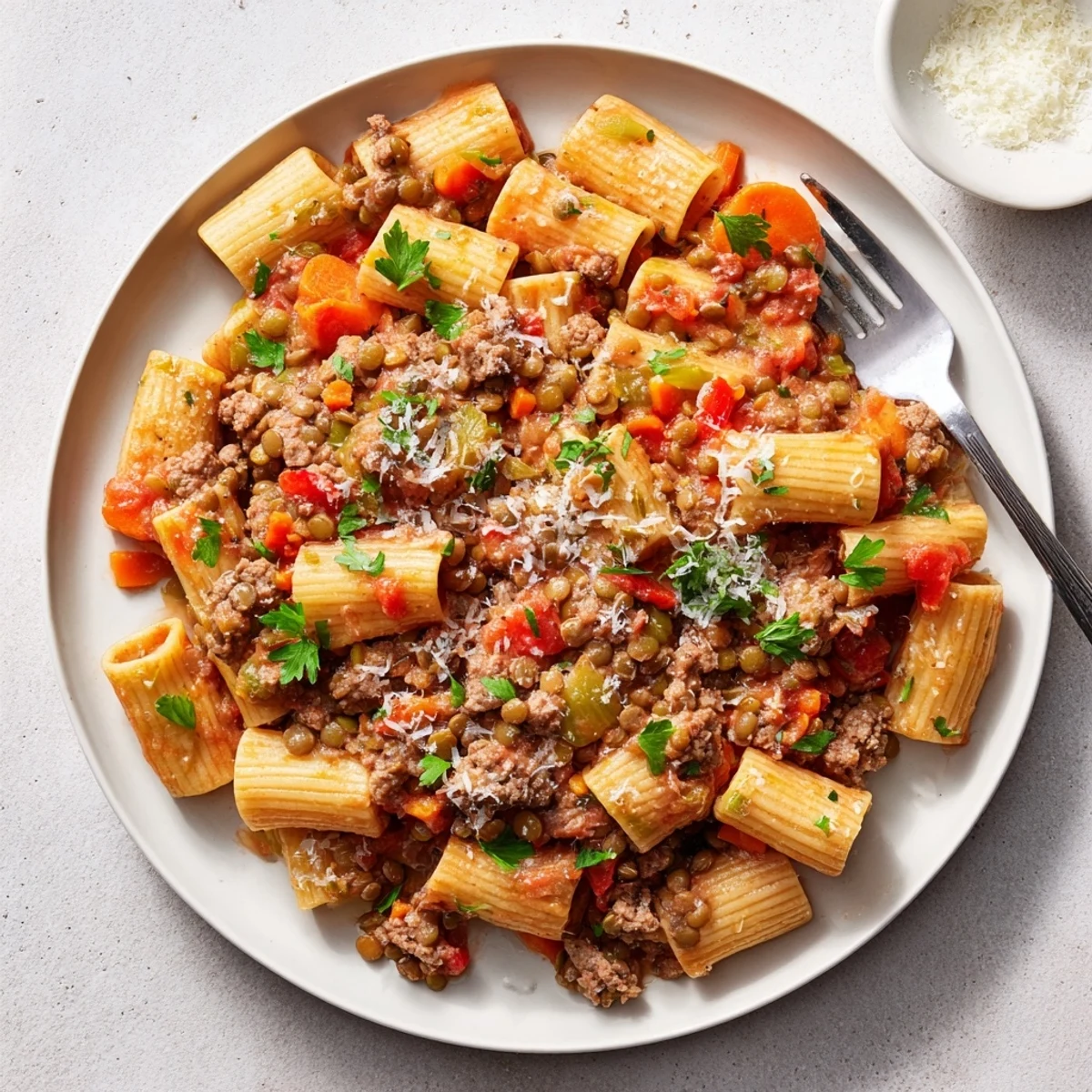 Hearty healthy beef and lentil bolognese served over pasta with fresh basil garnish