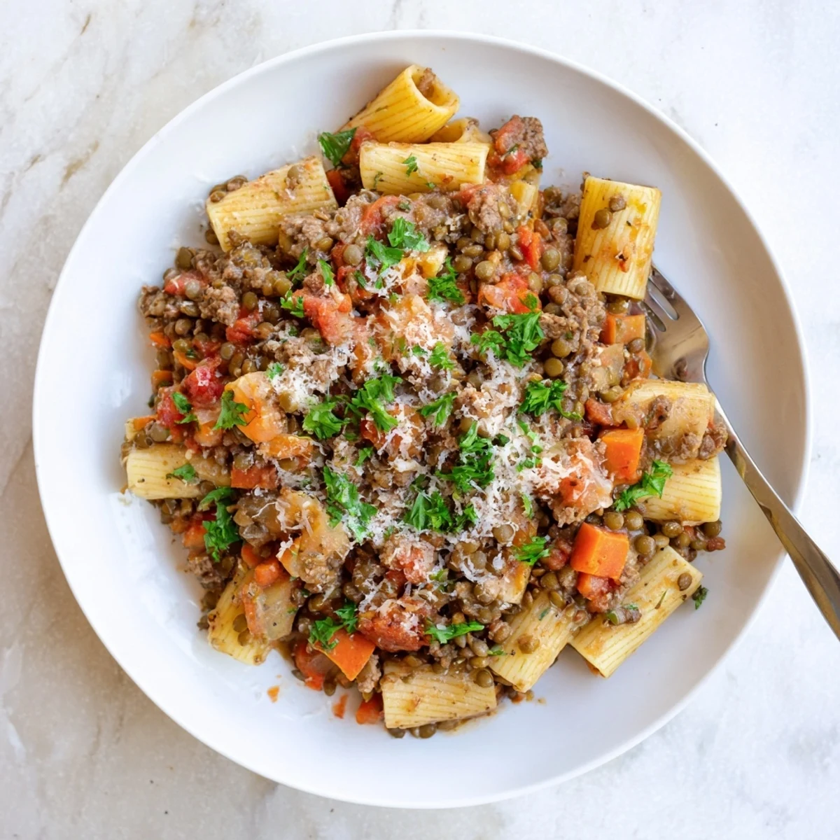 Thick healthy beef and lentil bolognese plated with parmesan and chopped parsley on top