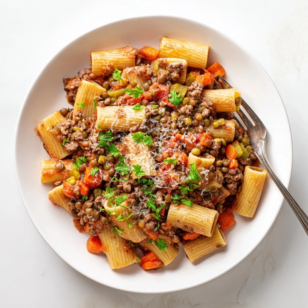 Savory healthy beef and lentil bolognese sauce simmered with vegetables in a rustic pot