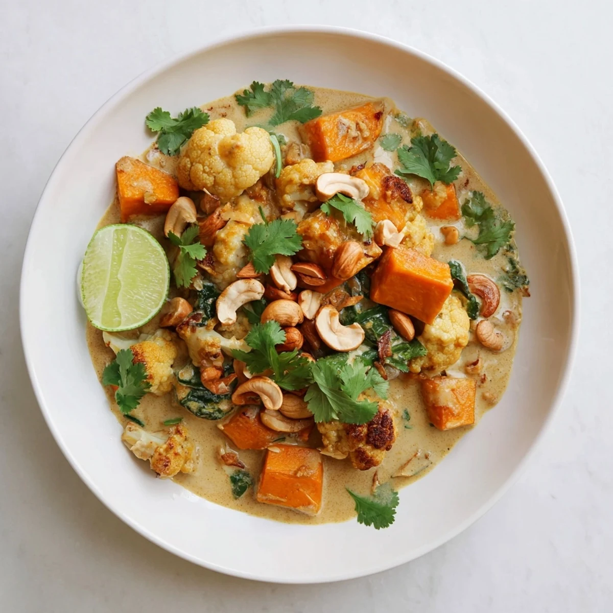 Creamy kumara cauliflower korma curry topped with golden toasted cashews and fresh cilantro