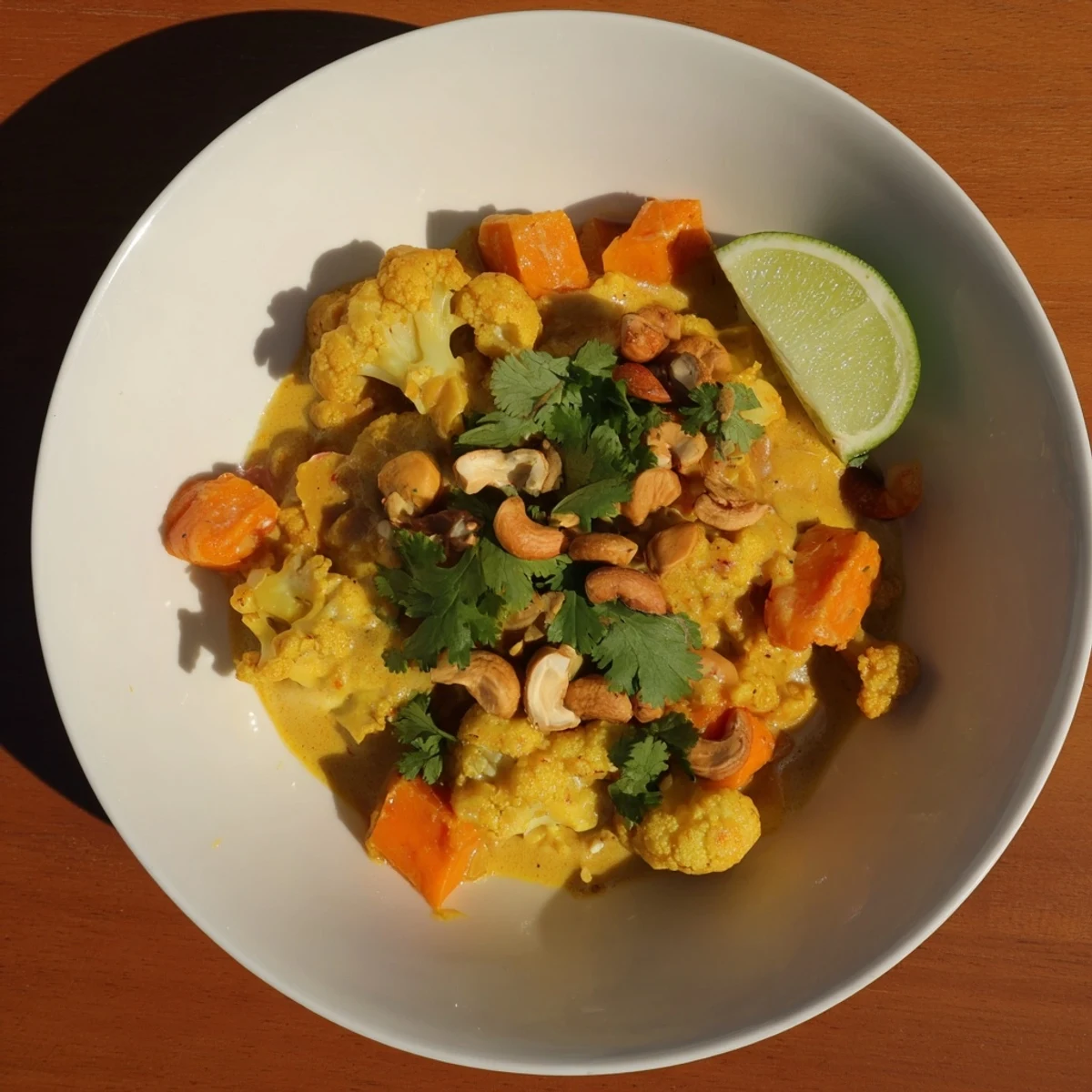Rich vegetarian kumara cashew korma served with fluffy basmati rice and lime wedges