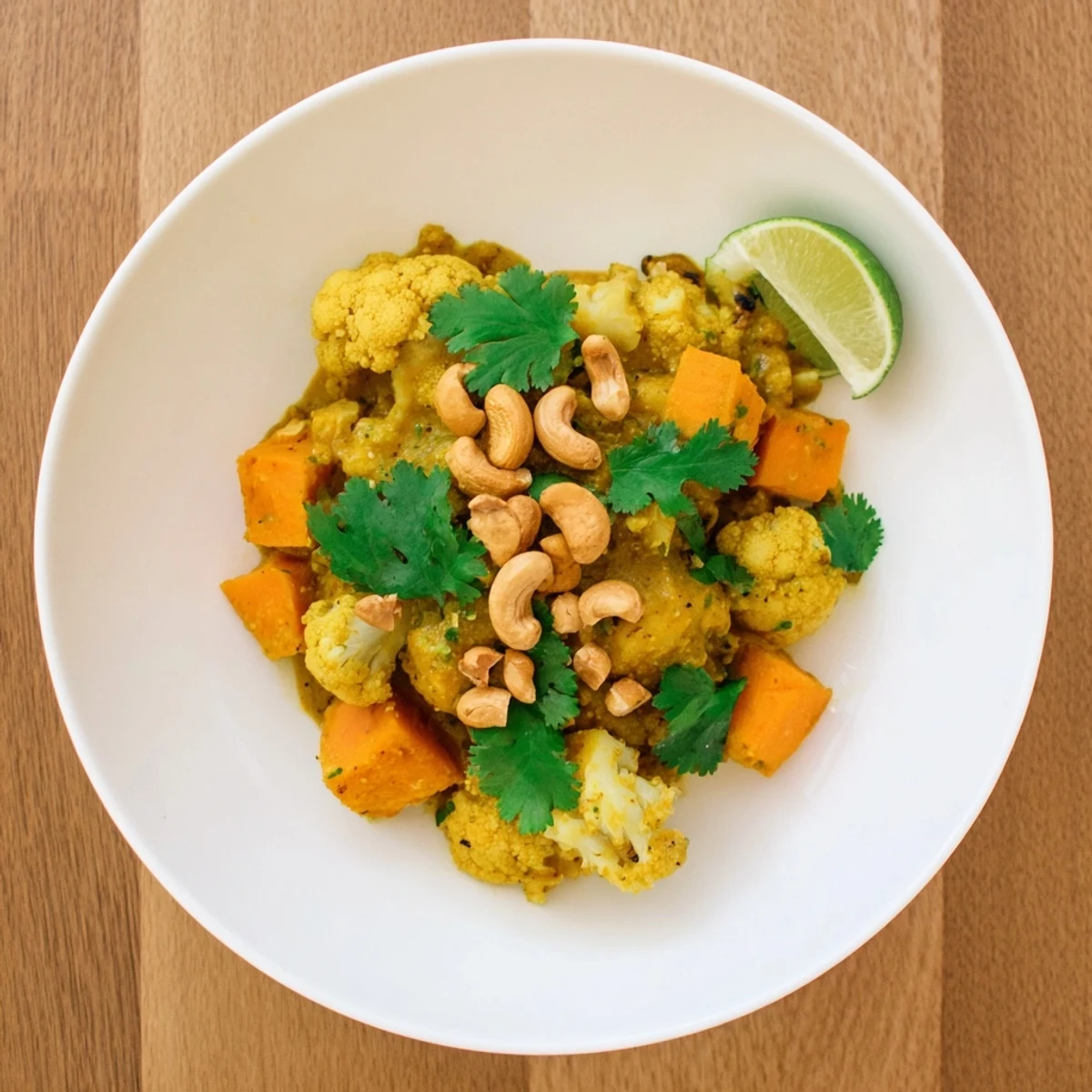 Golden cauliflower and sweet kumara simmered in fragrant coconut korma sauce with crunchy cashews
