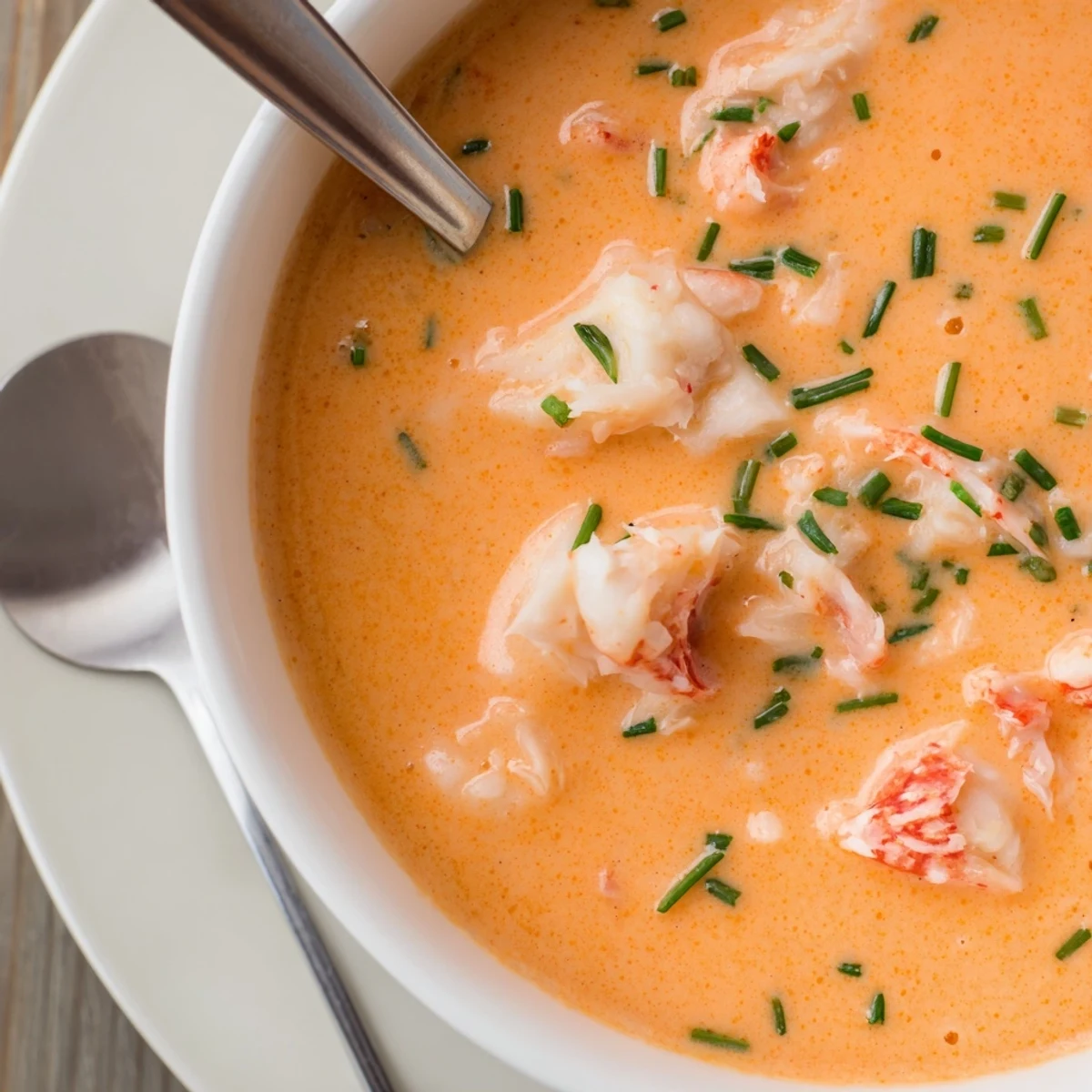 Creamy seafood bisque featuring tender crab and shrimp in a rich, velvety smooth bowl