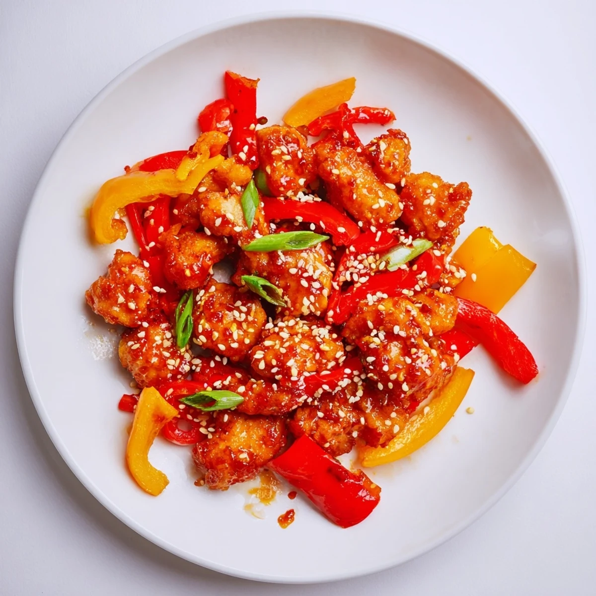 Tender spicy dragon chicken coated in fiery sauce served over white rice with green onions