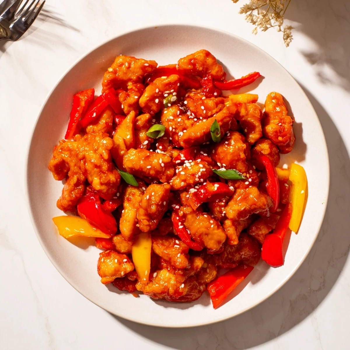 Wok-fried spicy dragon chicken with vibrant peppers and caramelized glaze garnished with toasted sesame seeds