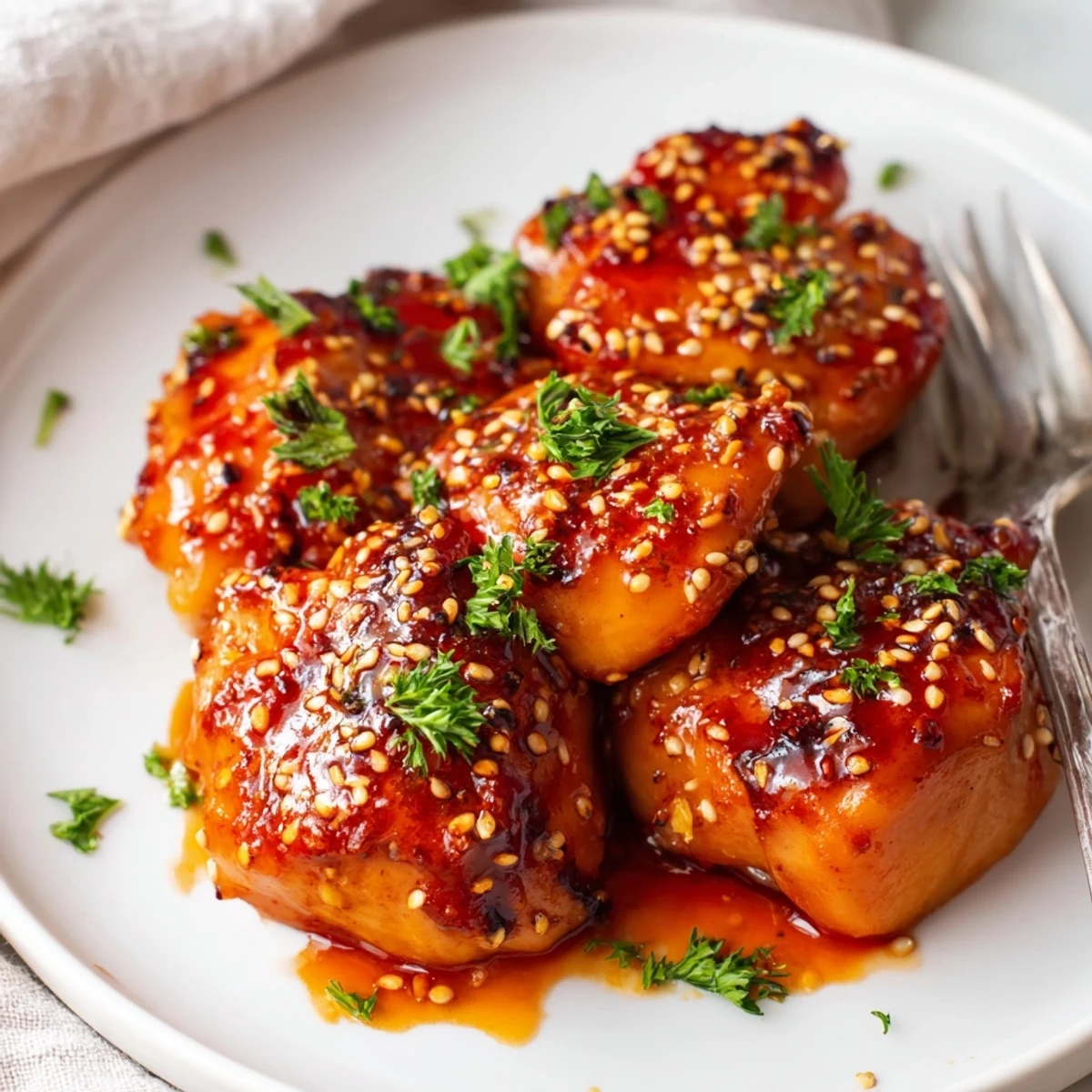 Savory baked Chicken Diablo with tangy honey mustard coating served on white dinner plate