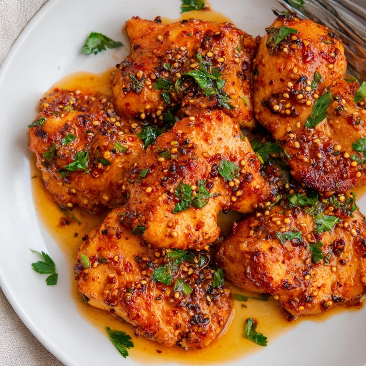 Golden Chicken Diablo breasts glazed in spicy sweet red sauce with fresh parsley garnish