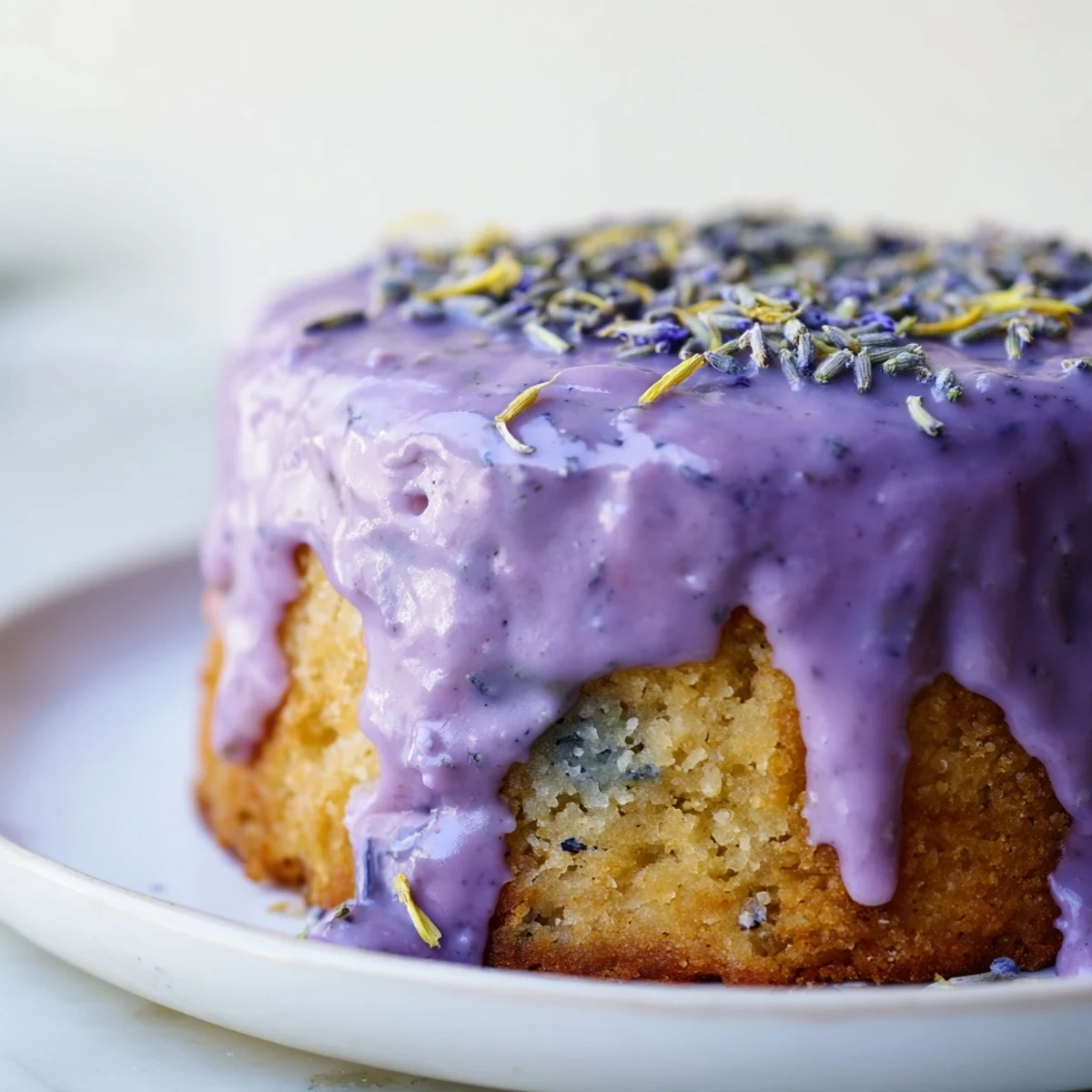 Freshly baked mini lemon cakes topped with fragrant lavender glaze and garnished with lemon zest