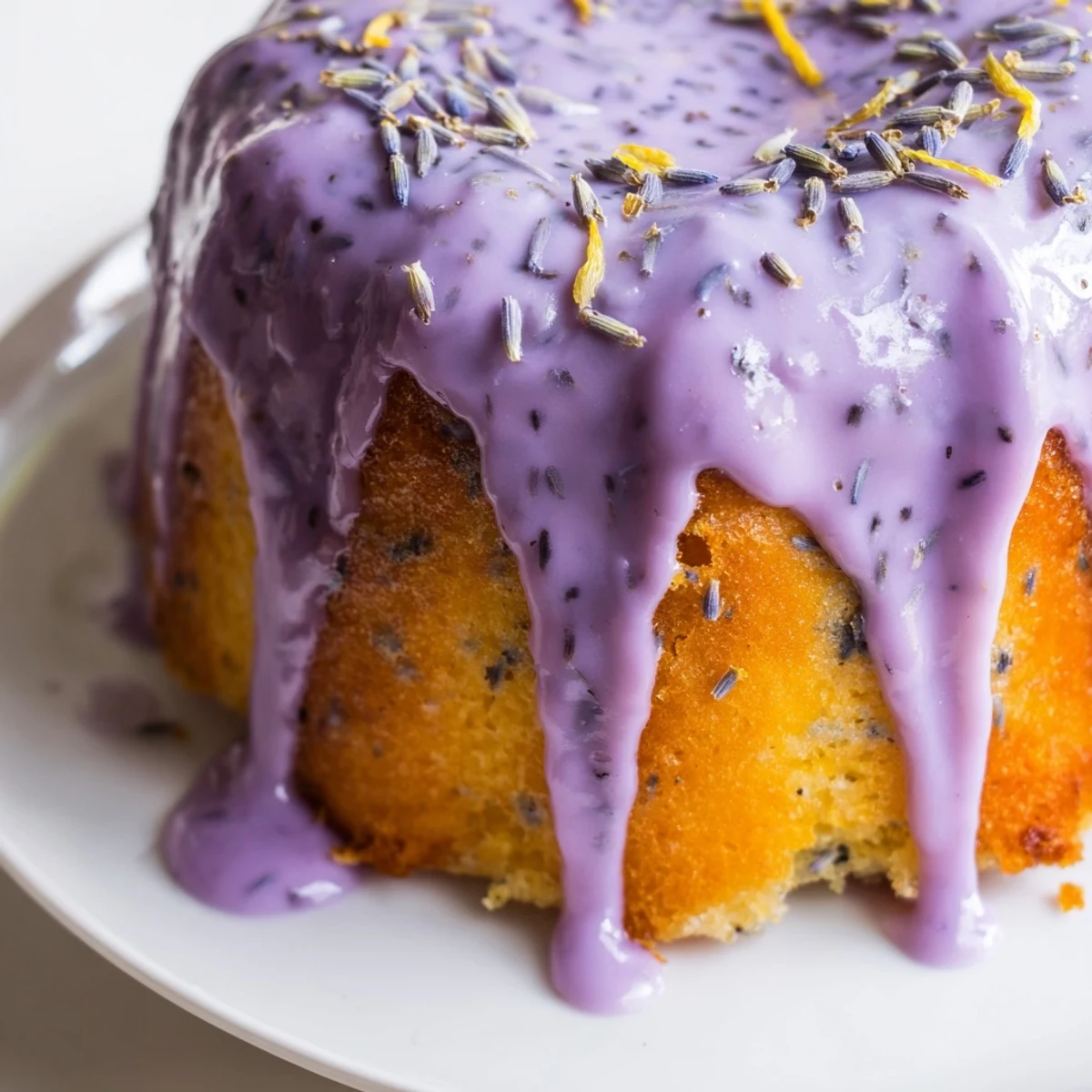 Golden mini lemon cakes drizzled with creamy purple lavender glaze on a white serving plate