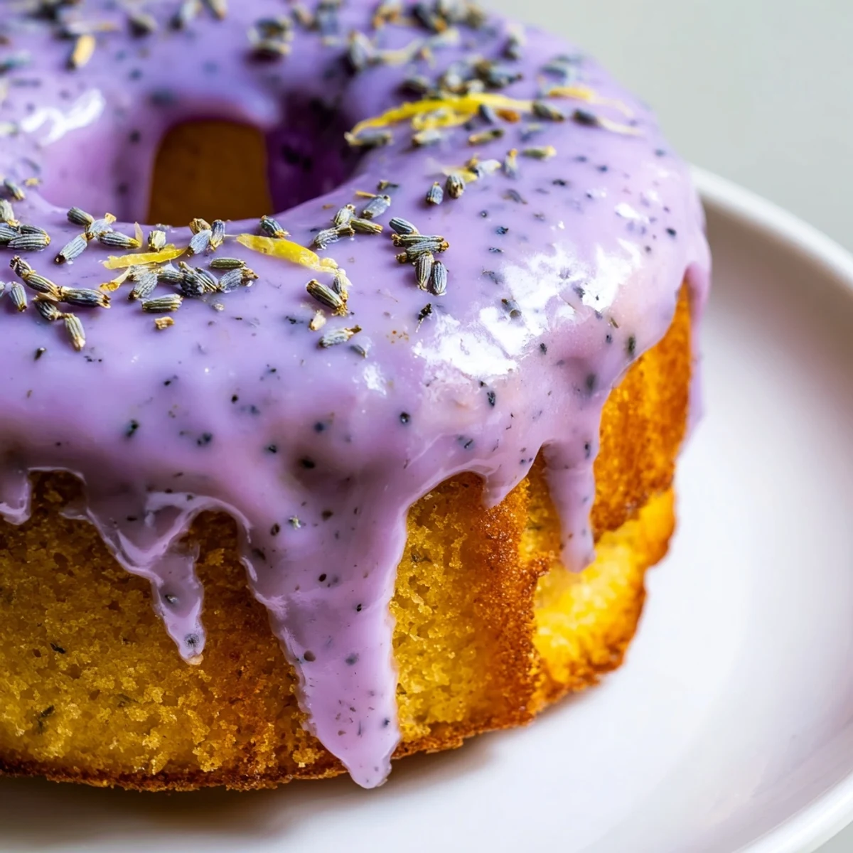Bite-sized lemon cakes with smooth lavender icing and dried lavender buds arranged elegantly