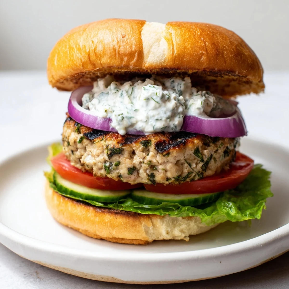 Golden brown Greek chicken burgers topped with creamy tzatziki sauce and fresh vegetables on toasted sesame buns