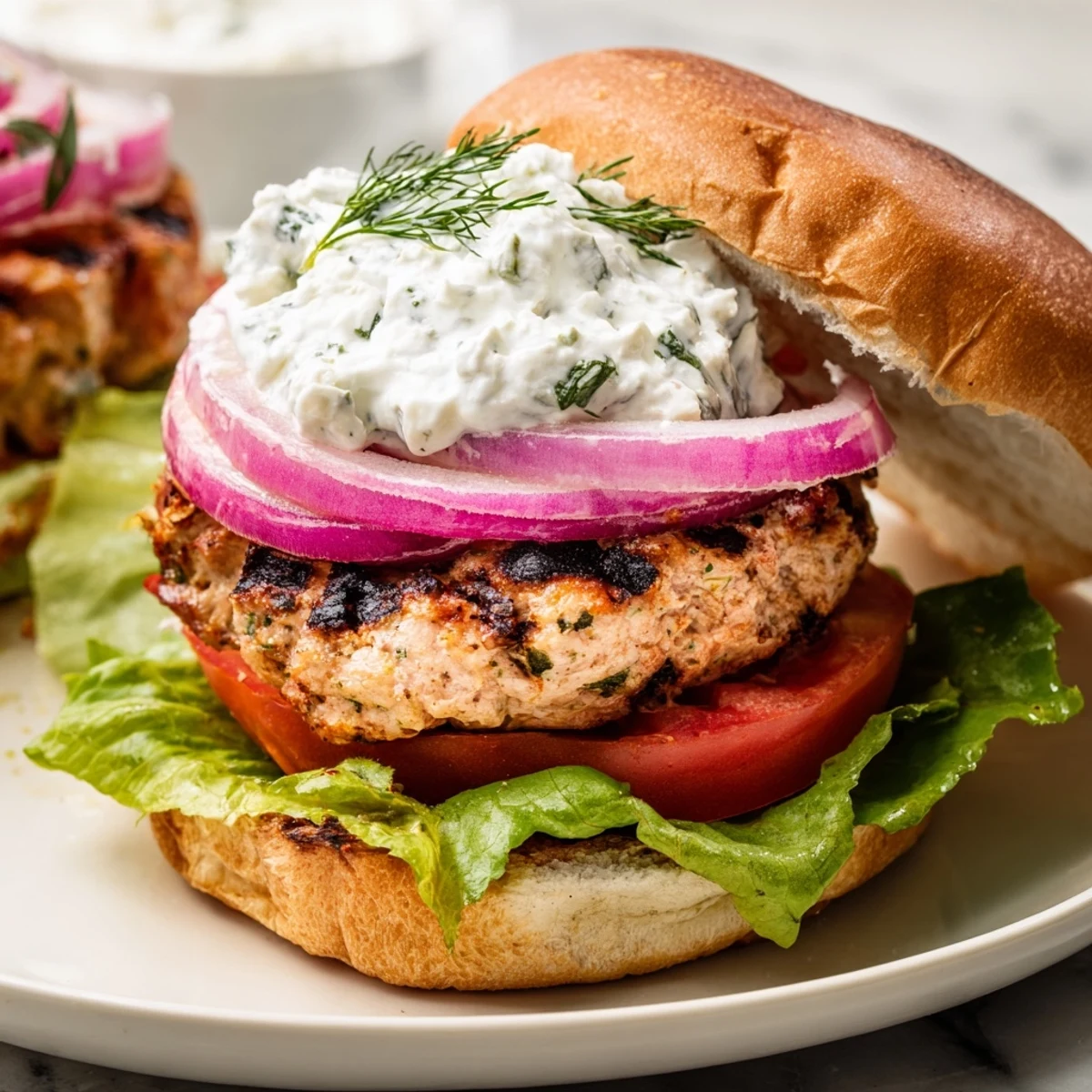 Juicy Mediterranean chicken patties layered with crisp lettuce tomatoes and tangy feta cheese on a warm bun