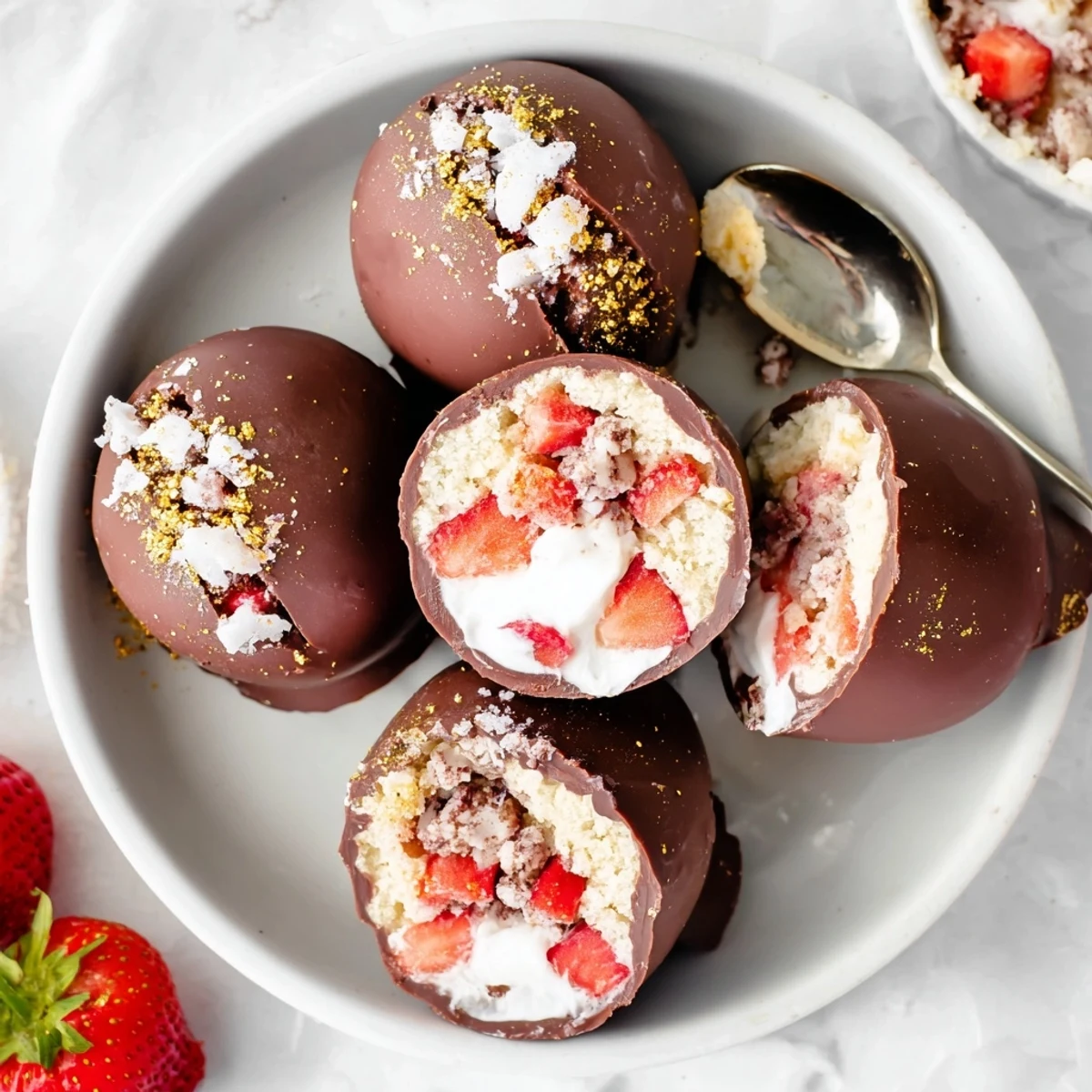 Golden chocolate Easter egg halves filled with layers of fluffy whipped cream, diced red strawberries, and buttery shortcake crumbs on a white plate