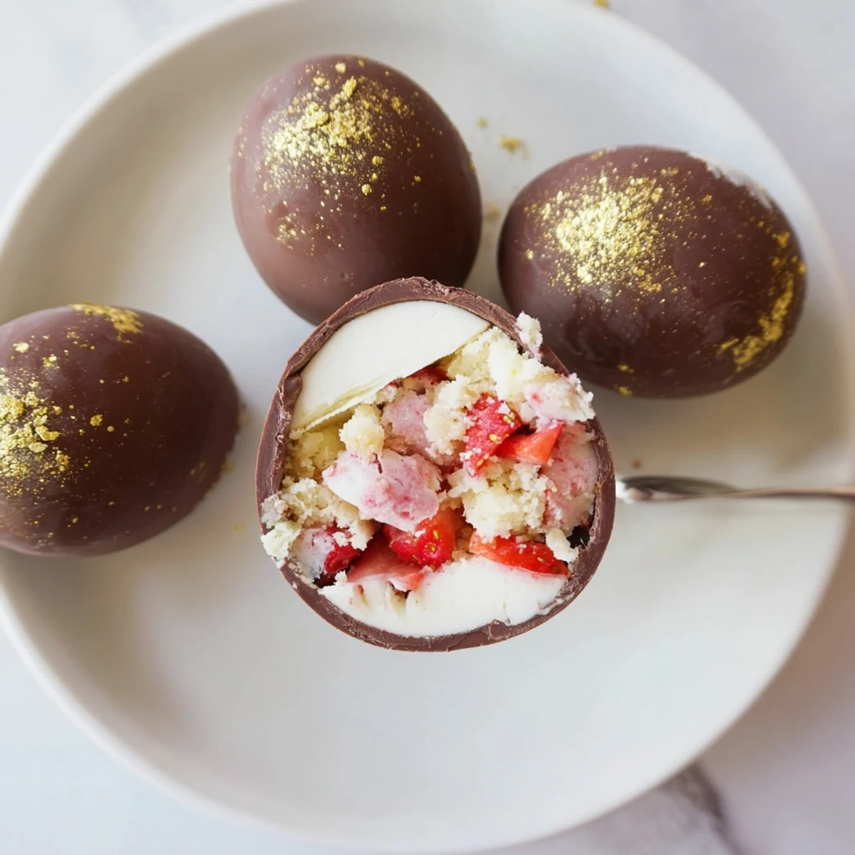 Festive strawberry shortcake Easter egg bombs decorated with pastel sprinkles, showcasing cross-section of tender cake, fresh berries, and vanilla cream inside