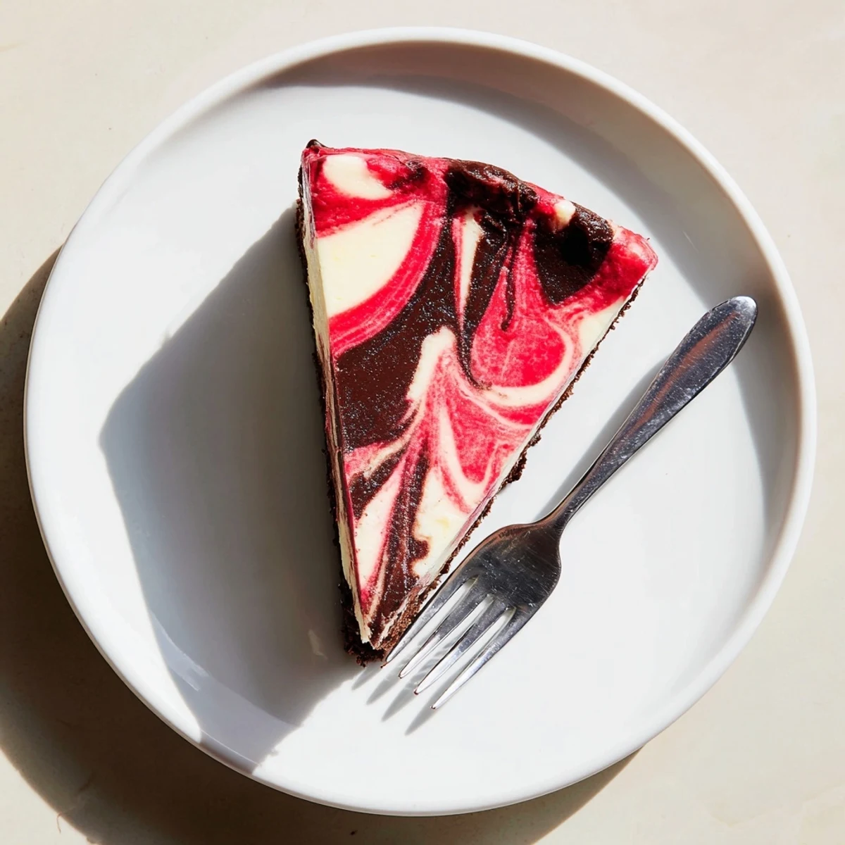 Creamy chocolate strawberry swirl cheesecake featuring luscious strawberry puree marbled into dark chocolate studded cheesecake batter