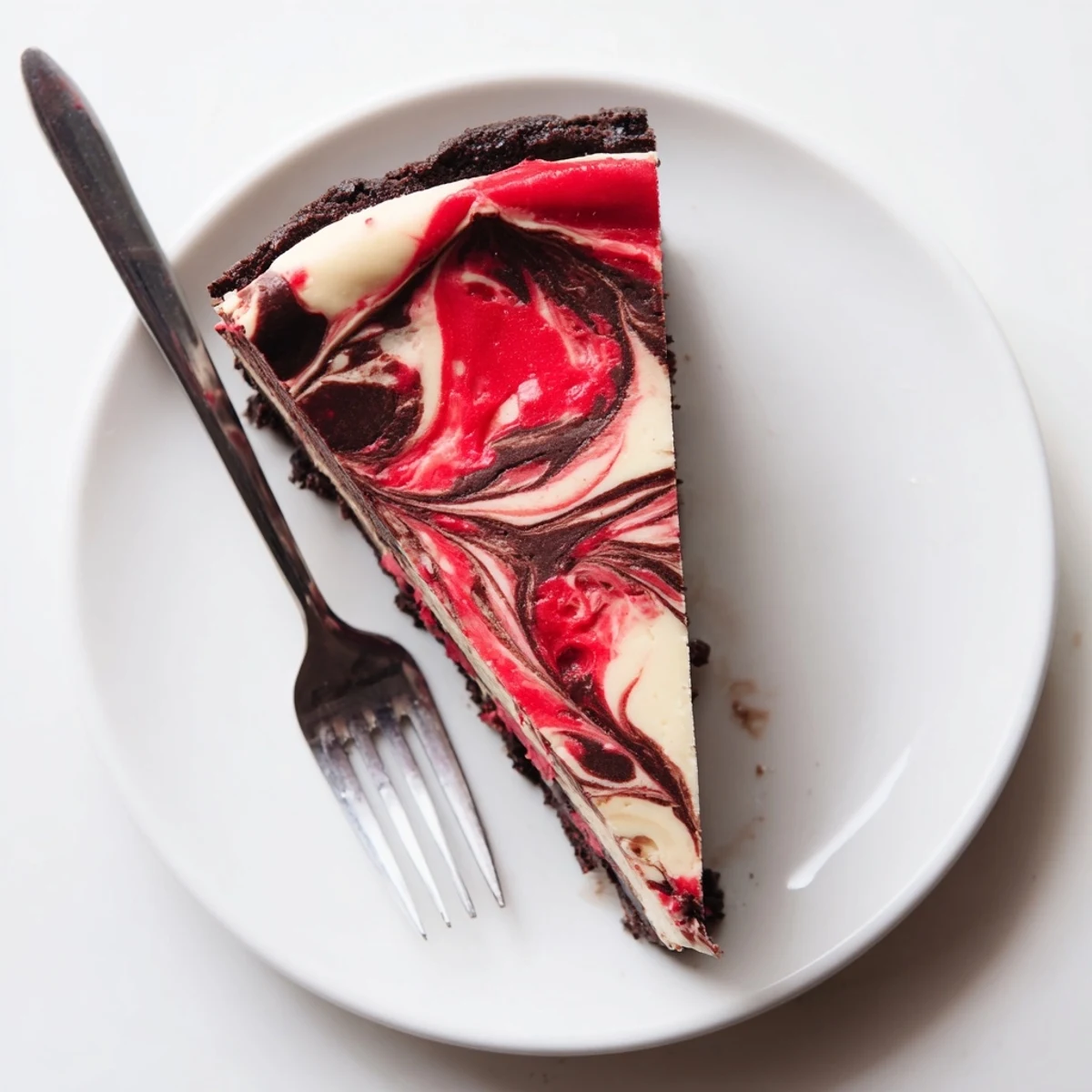 Decadent chocolate strawberry swirl cheesecake slice with vibrant red berry ribbons swirled through rich creamy filling
