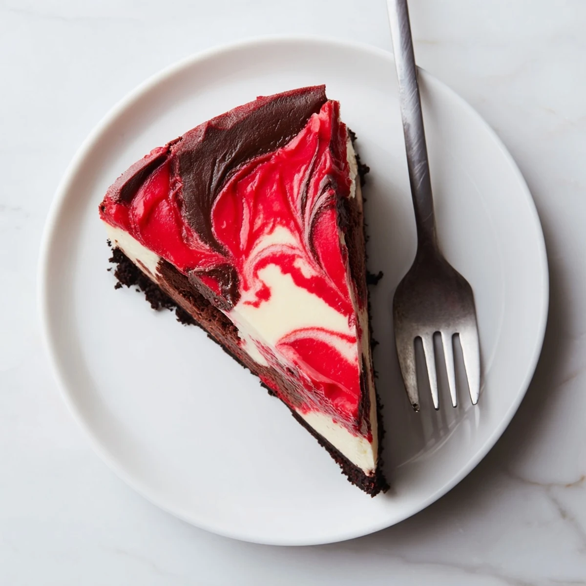 Beautifully sliced chocolate strawberry swirl cheesecake showcasing the stunning contrast between smooth chocolate base and sweet strawberry ribbons