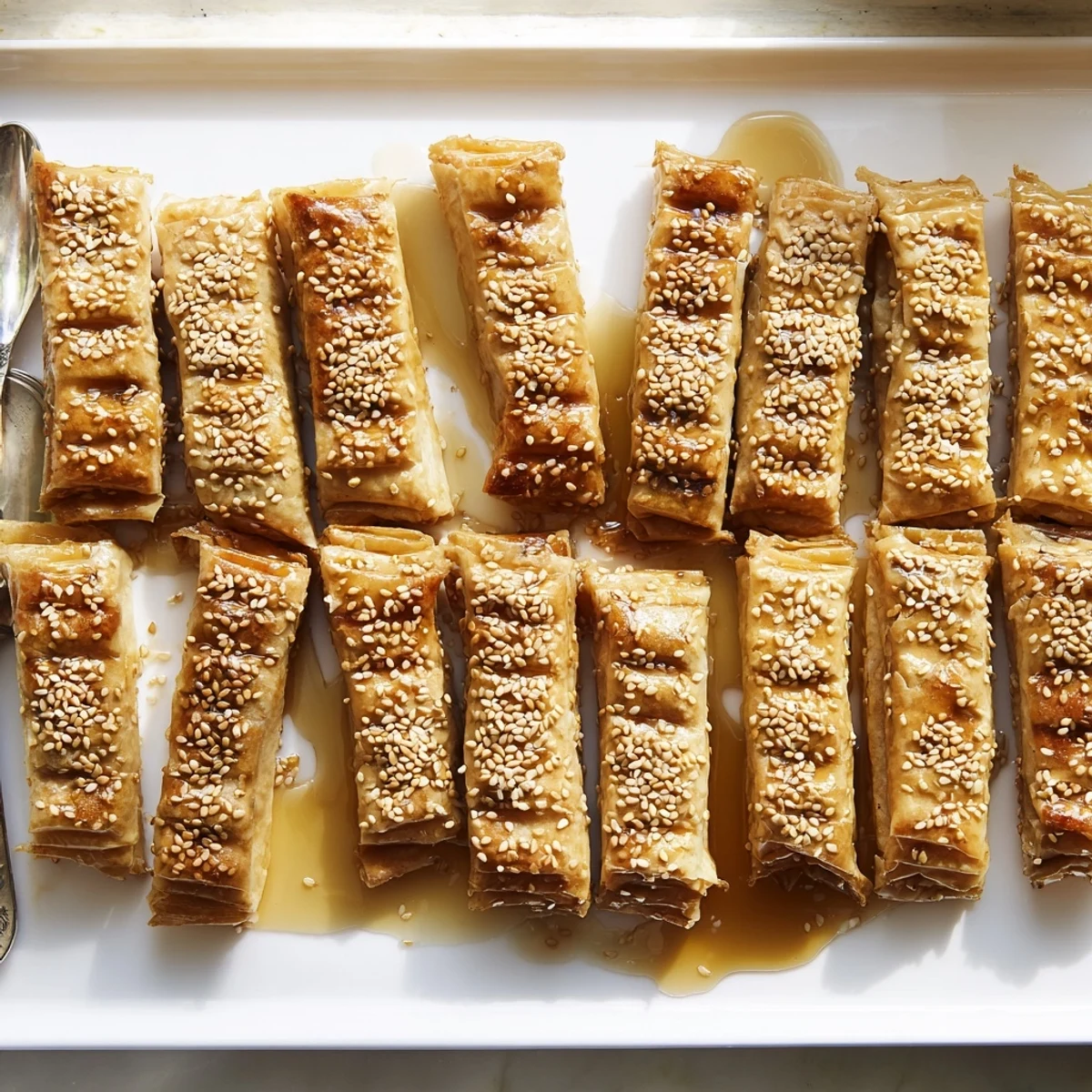Golden Moroccan honey almond cigars arranged on a serving platter with toasted sesame seed topping