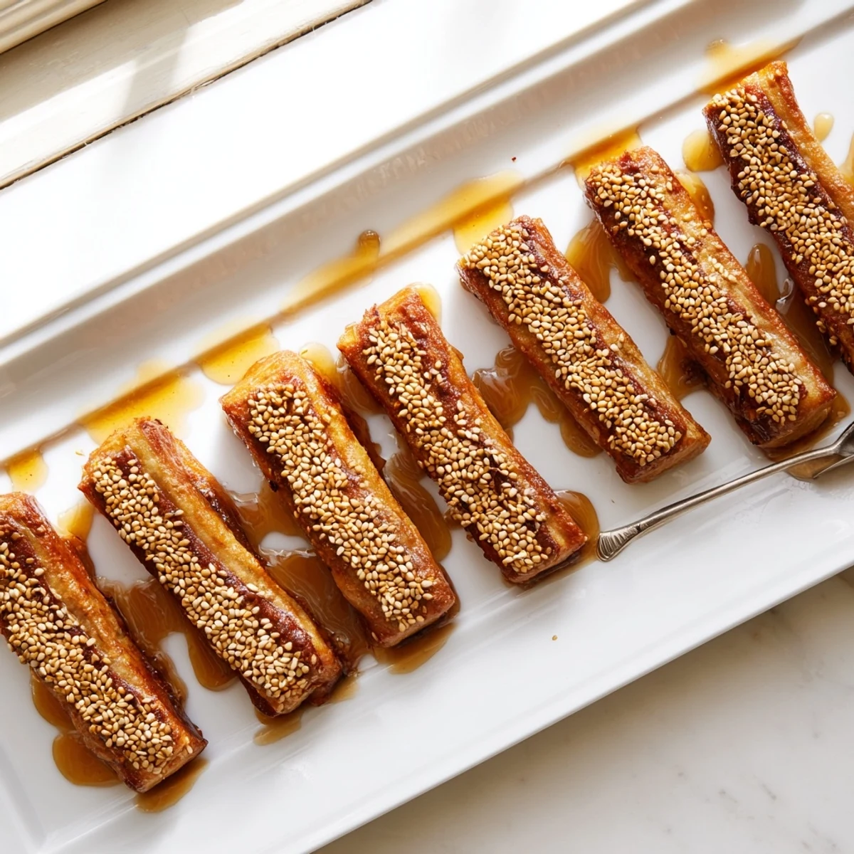 Crisp pastry rolls filled with fragrant almond paste glistening with warm honey syrup coating