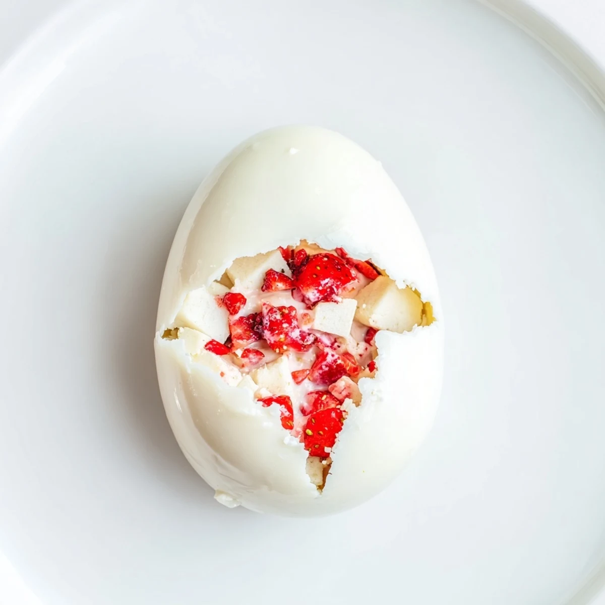 White chocolate Easter egg filled with fluffy strawberry shortcake layers, fresh diced berries, and whipped cream on a festive spring dessert plate.