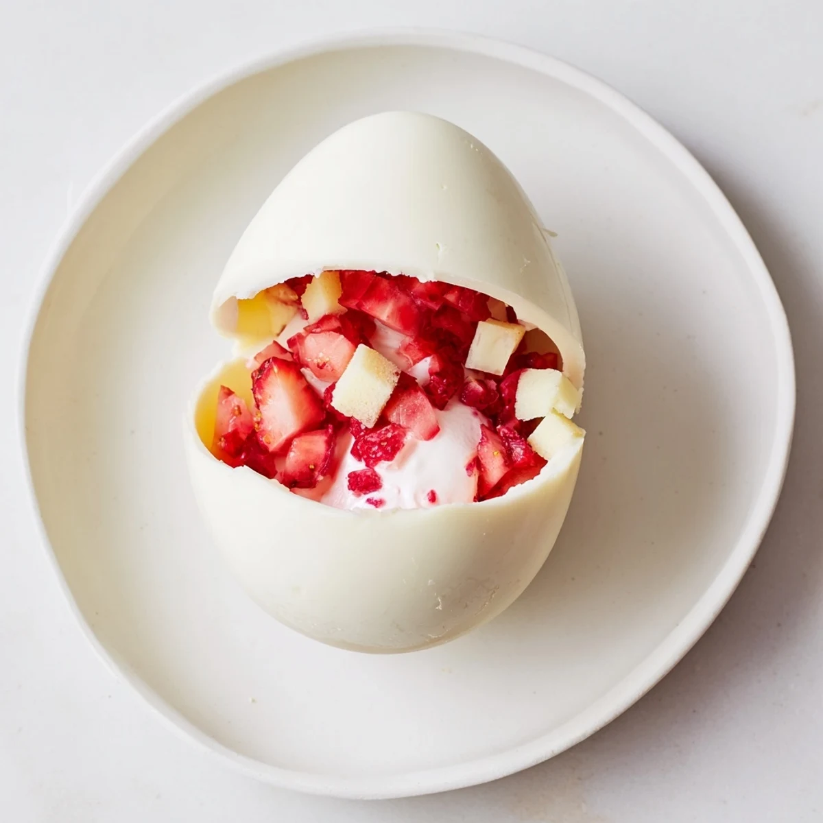 Decadent strawberry shortcake Easter egg bombs featuring creamy white chocolate shells stuffed with macerated strawberries, whipped cream, and golden pound cake cubes.