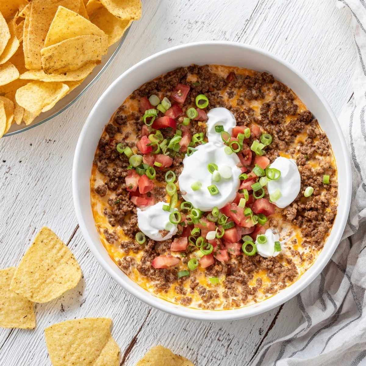 Creamy Rotel dip bubbling in a white bowl beside crunchy tortilla chips