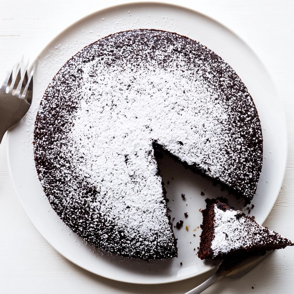 Moist Air Fryer Guinness chocolate cake with powdered sugar dusting on a serving plate