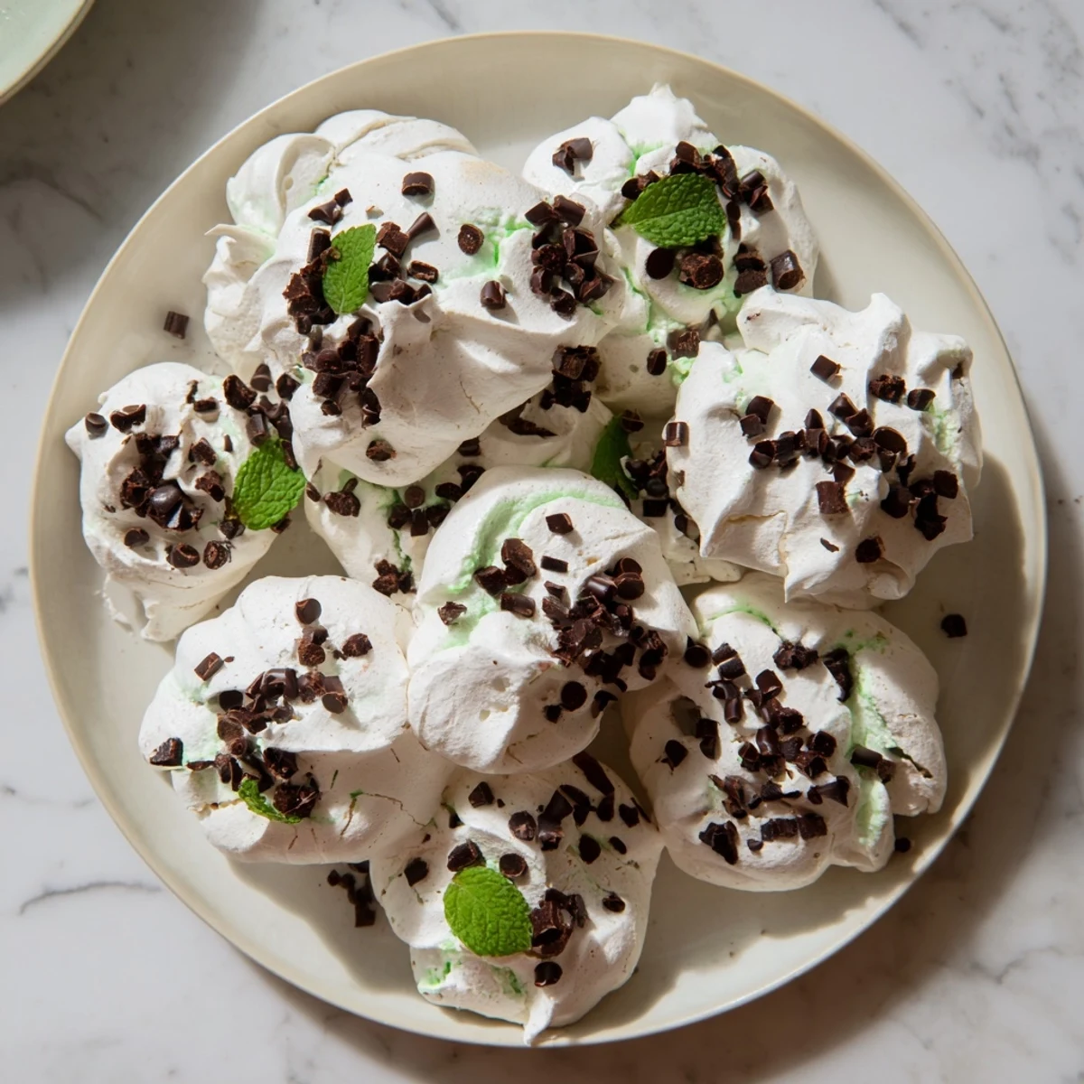 Airy dark chocolate and mint chip cloud cookies arranged on white parchment paper for baking