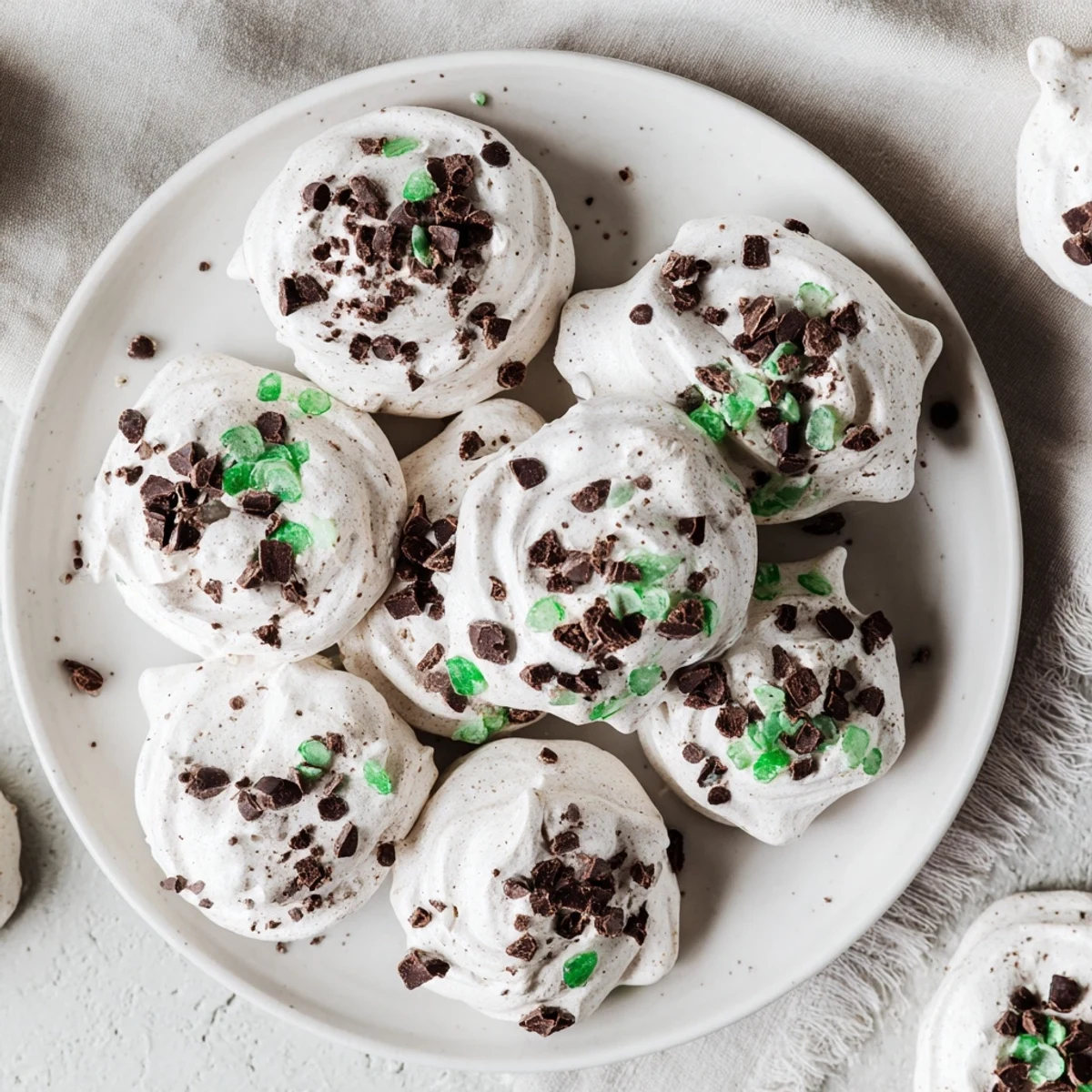 Close up of dreamy dark chocolate and mint chip clouds with melted chocolate chips throughout