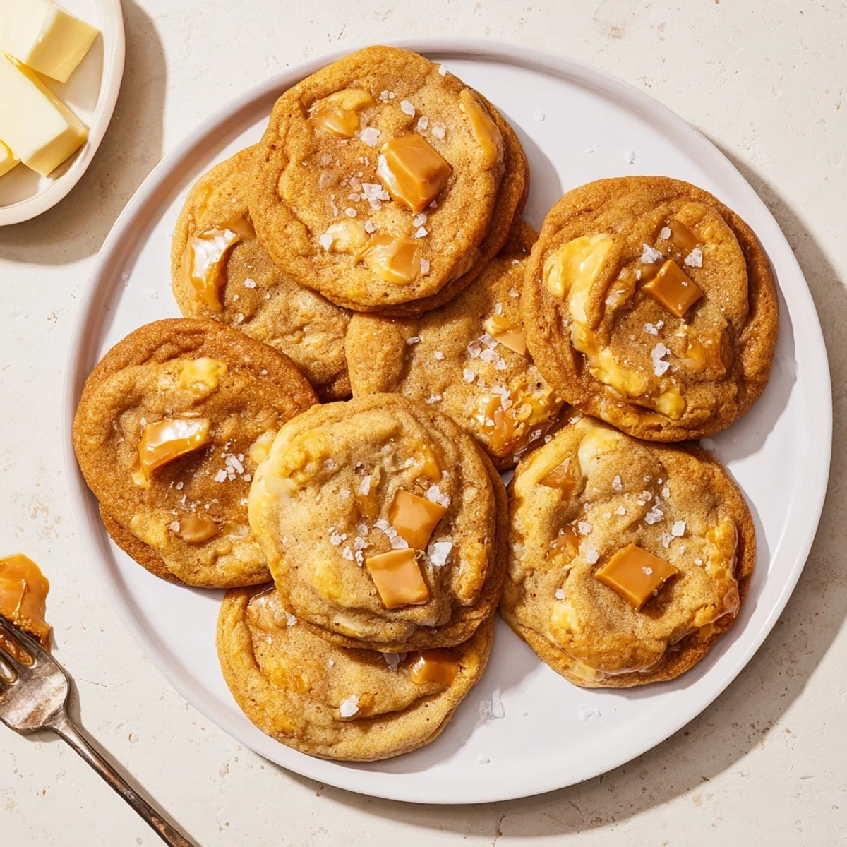 Golden brown sea salt caramel cookies with gooey melted caramel pieces and flaky salt topping