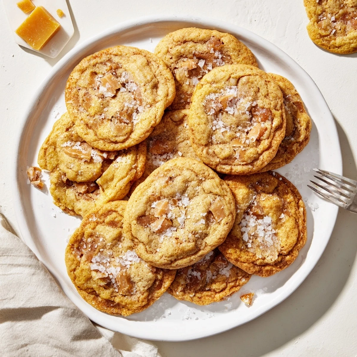 Chewy homemade sea salt caramel cookies fresh from the oven with golden edges