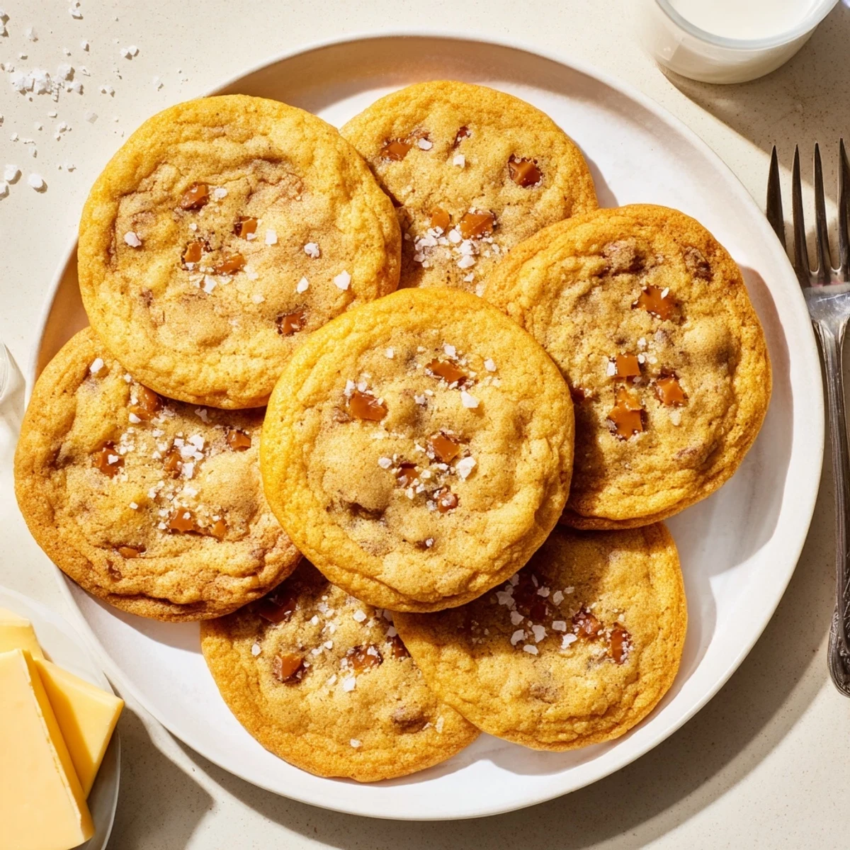Soft-baked sea salt caramel cookies stacked on a white plate with visible caramel chunks