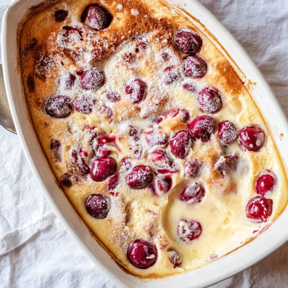 Golden cherry custard dessert baked to perfection with juicy fruit peeking through creamy vanilla custard