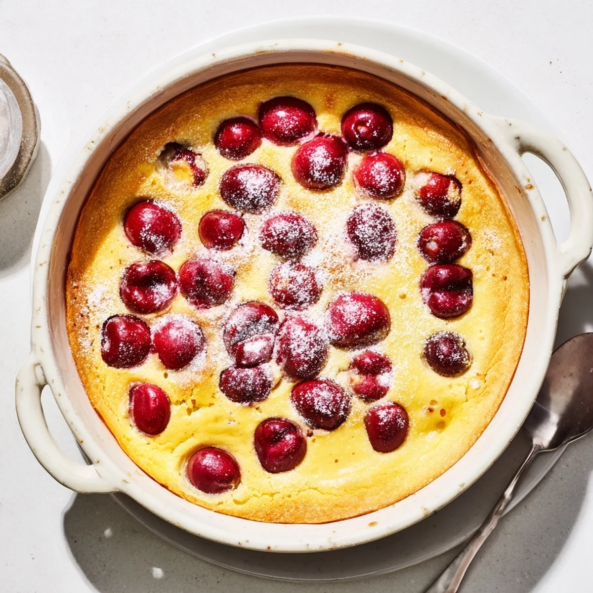 Creamy cherry custard with plump red cherries nestled in a smooth baked egg custard base