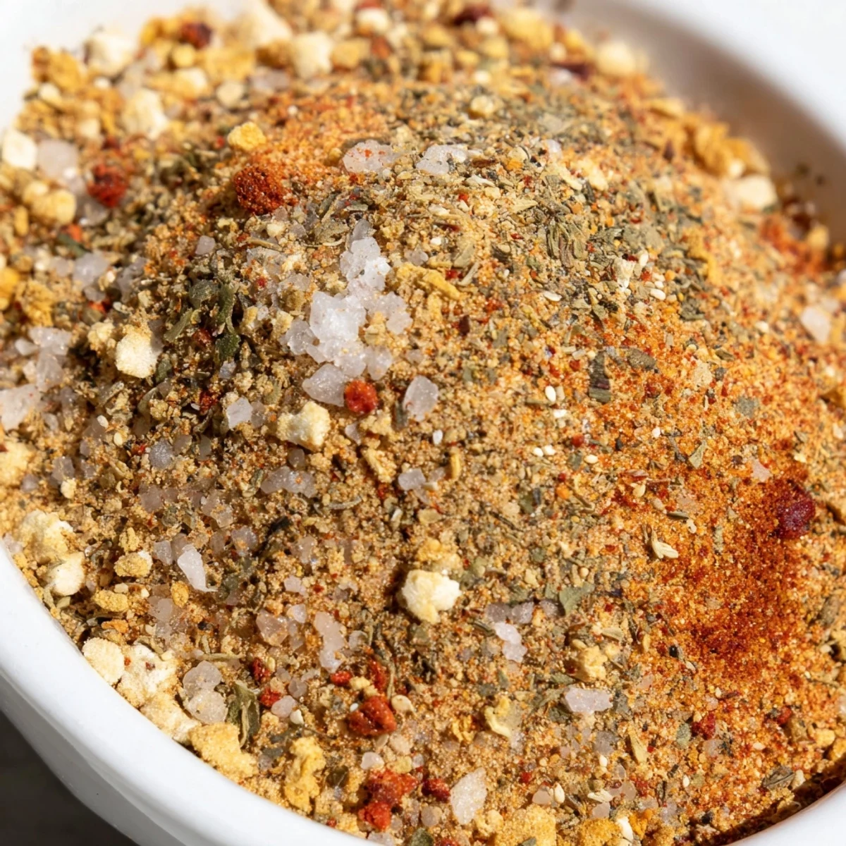 Homemade Copycat Montreal Steak Seasoning blend displayed in a glass spice jar with visible black pepper, coriander seeds, and red pepper flakes