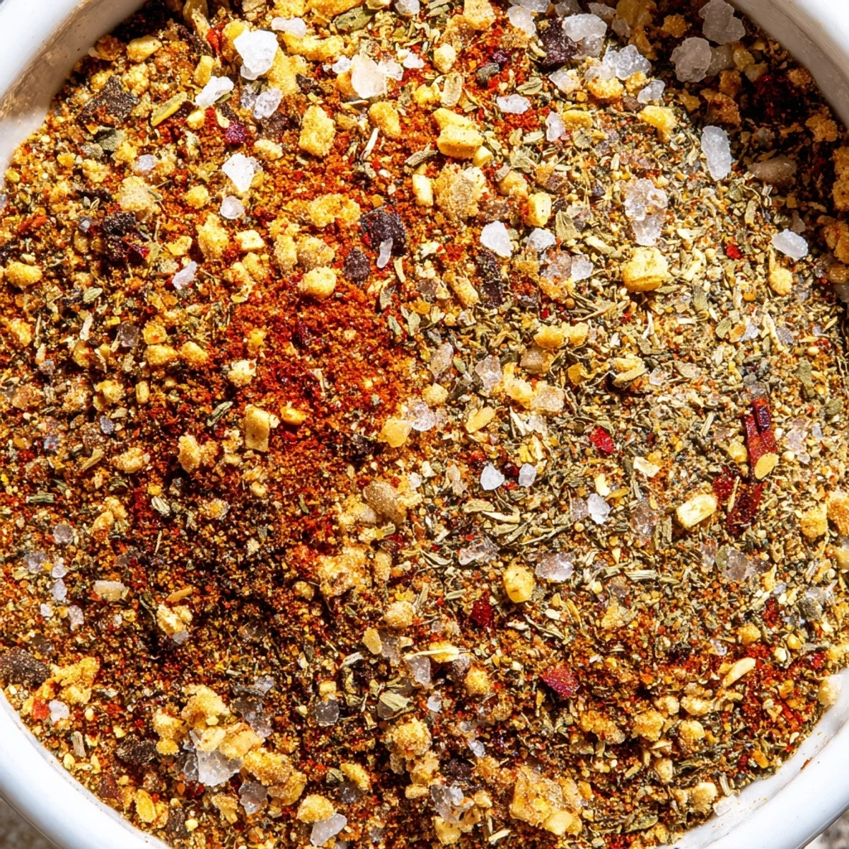 Copycat Montreal Steak Seasoning ingredients mixed in a wooden bowl including kosher salt, paprika, garlic powder, and crushed herbs