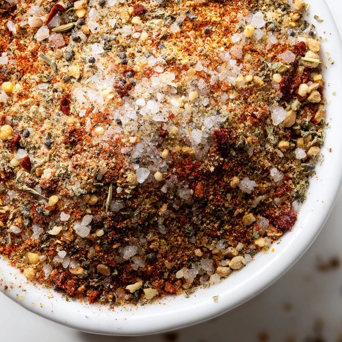 Rustic Copycat Montreal Steak Seasoning sprinkled generously over a raw steak with crushed dill seeds and rosemary visible on top