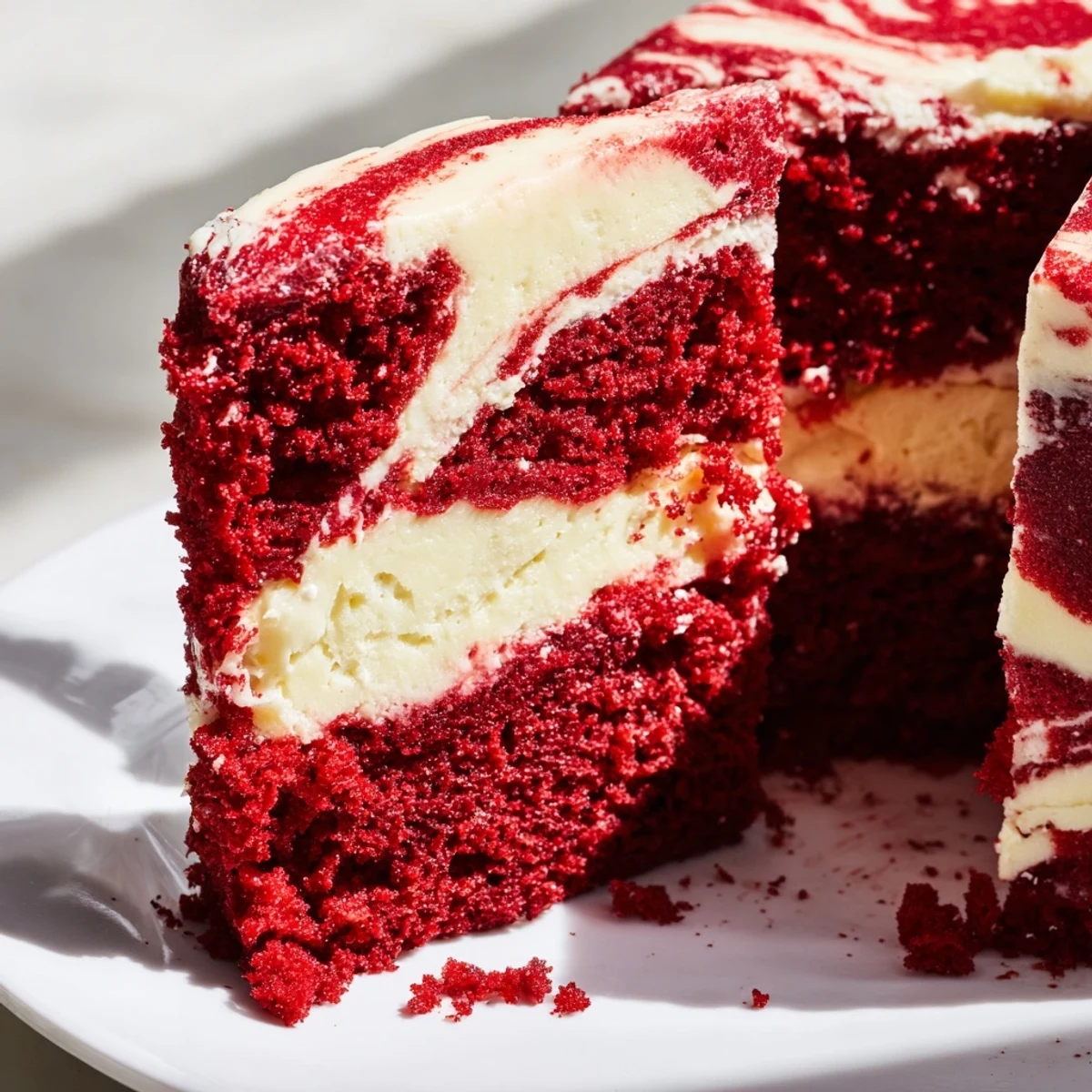 Rich red velvet cake marbled with creamy cheesecake swirls on a white serving plate