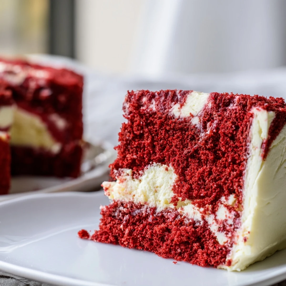 Moist red velvet cheesecake swirl cake slice revealing beautiful marbled layers inside