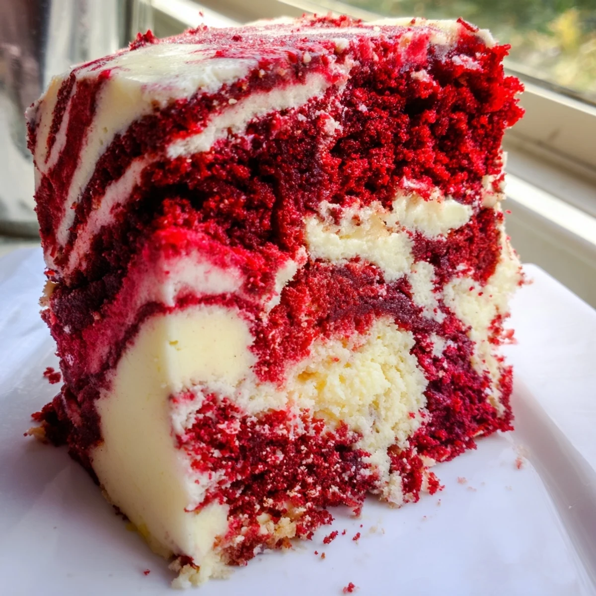 Homemade red velvet cheesecake swirl cake topped with powdered sugar for holiday desserts