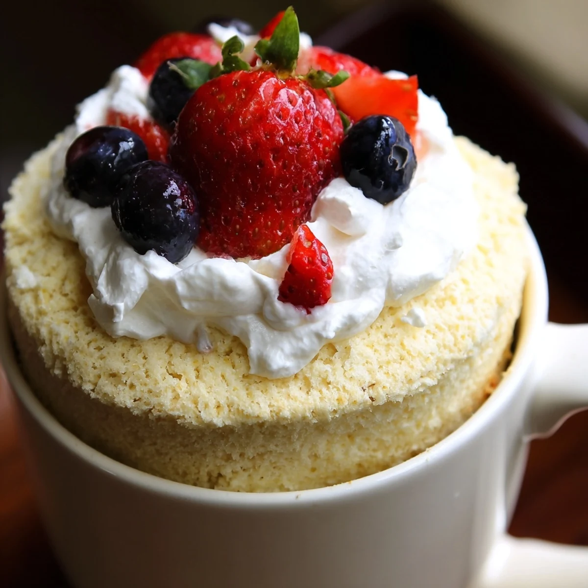 White ceramic mug holds light airy angel food cake dusted with powdered sugar and blueberries