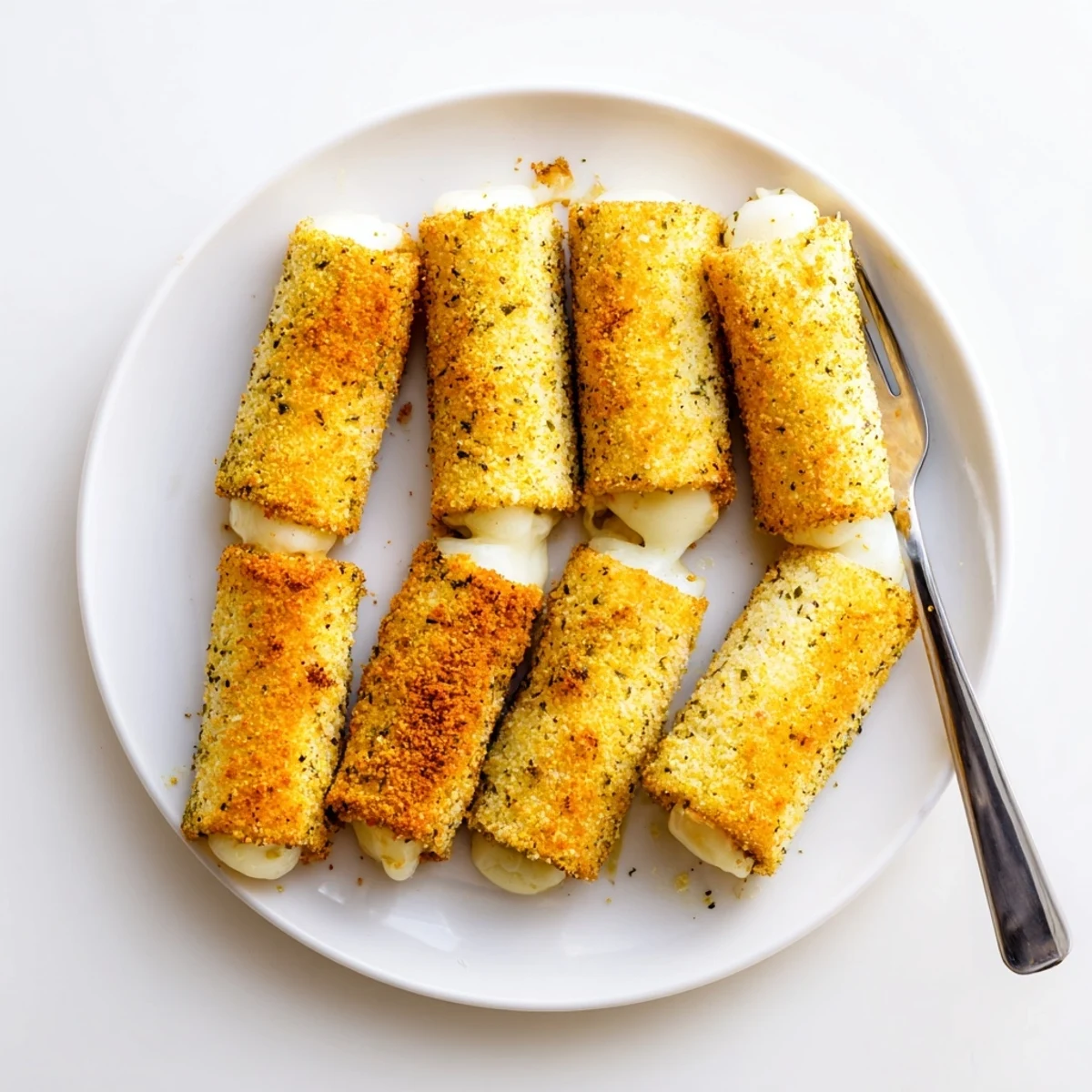 Golden brown crispy cheesy roll ups with melty mozzarella center on serving plate