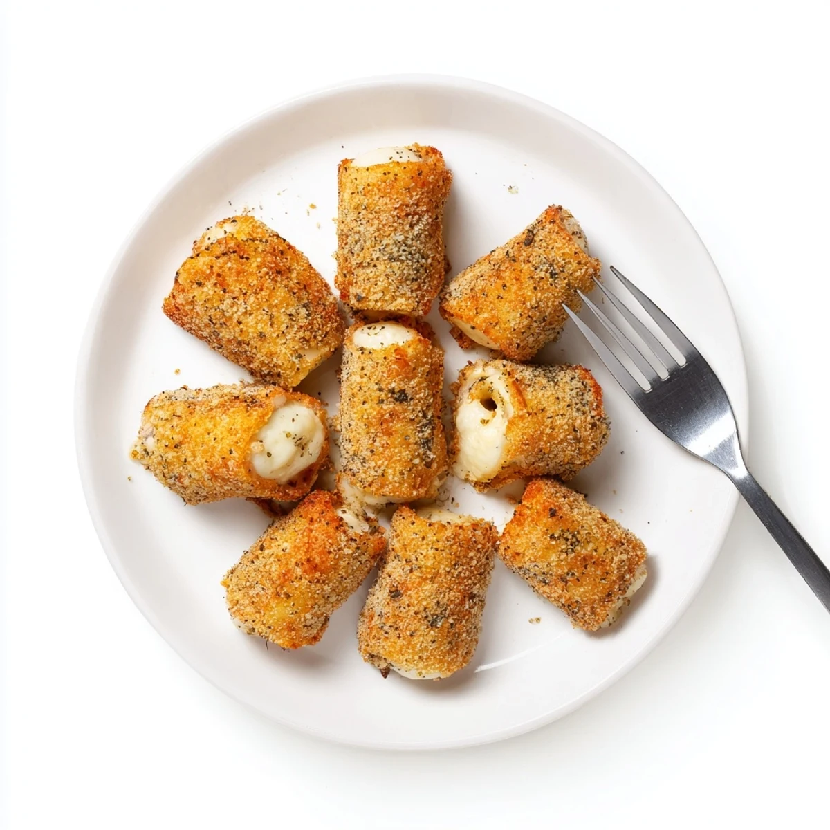Pan-fried crispy cheesy roll ups featuring garlic parmesan breadcrumb coating and gooey cheese filling