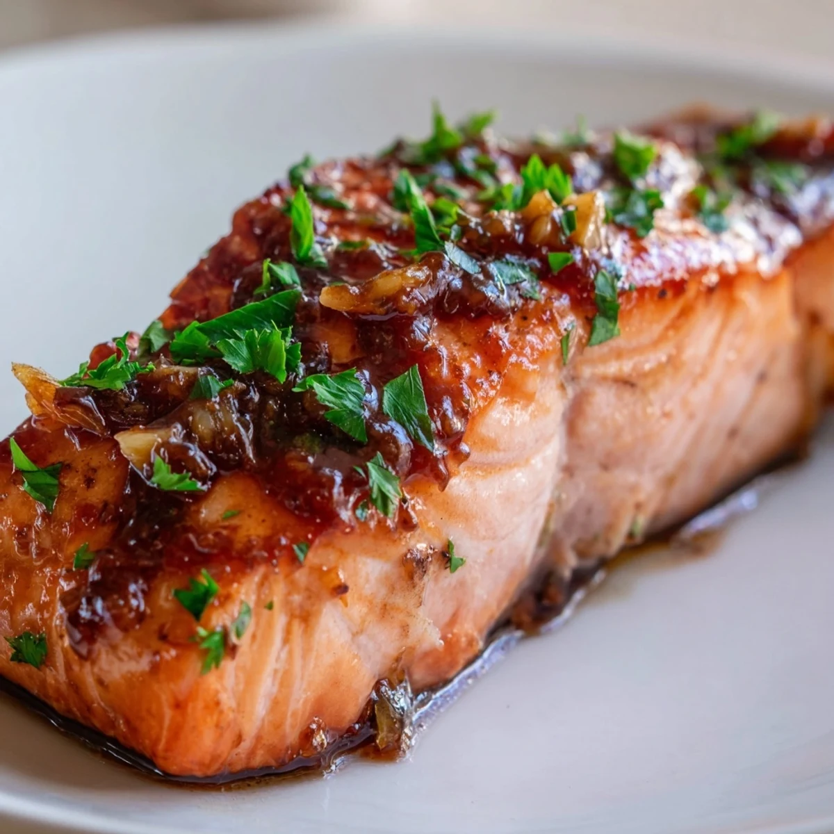 Golden pan-seared honey garlic glazed salmon fillets drizzled with sticky sweet savory glaze