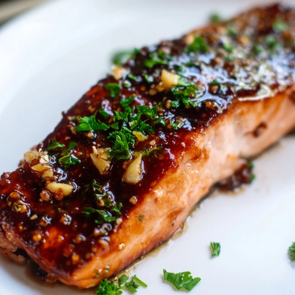 Honey garlic glazed salmon topped with fresh parsley and served with lemon wedges
